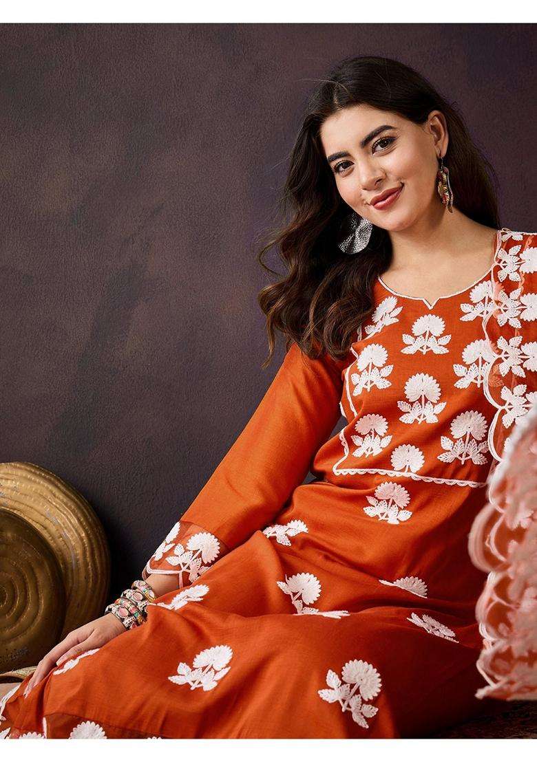 Orange Embroidery Silk Blend Kurta Set - Indya