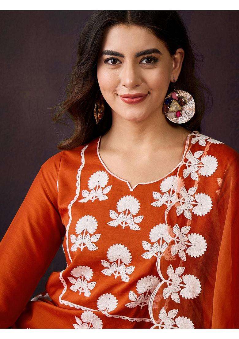 Orange Embroidery Silk Blend Kurta Set - Indya