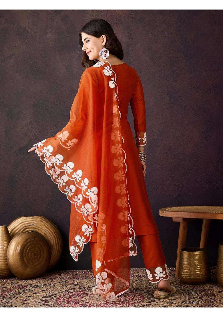 Orange Embroidery Silk Blend Kurta Set - Indya