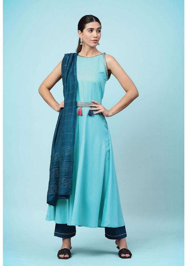 Blue Embroidery Viscose Kurta Set - Indya
