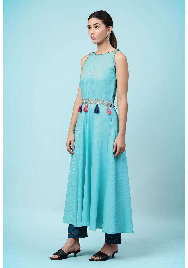 Blue Embroidery Viscose Kurta Set - Indya