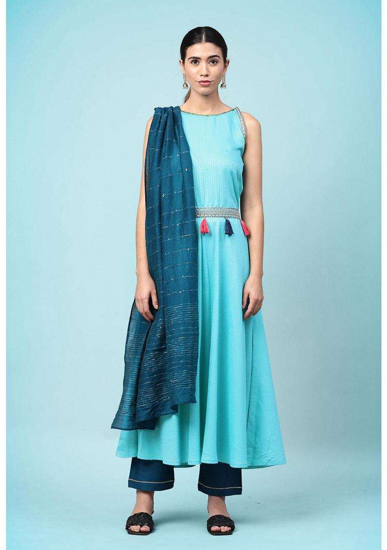 Blue Embroidery Viscose Kurta Set - Indya