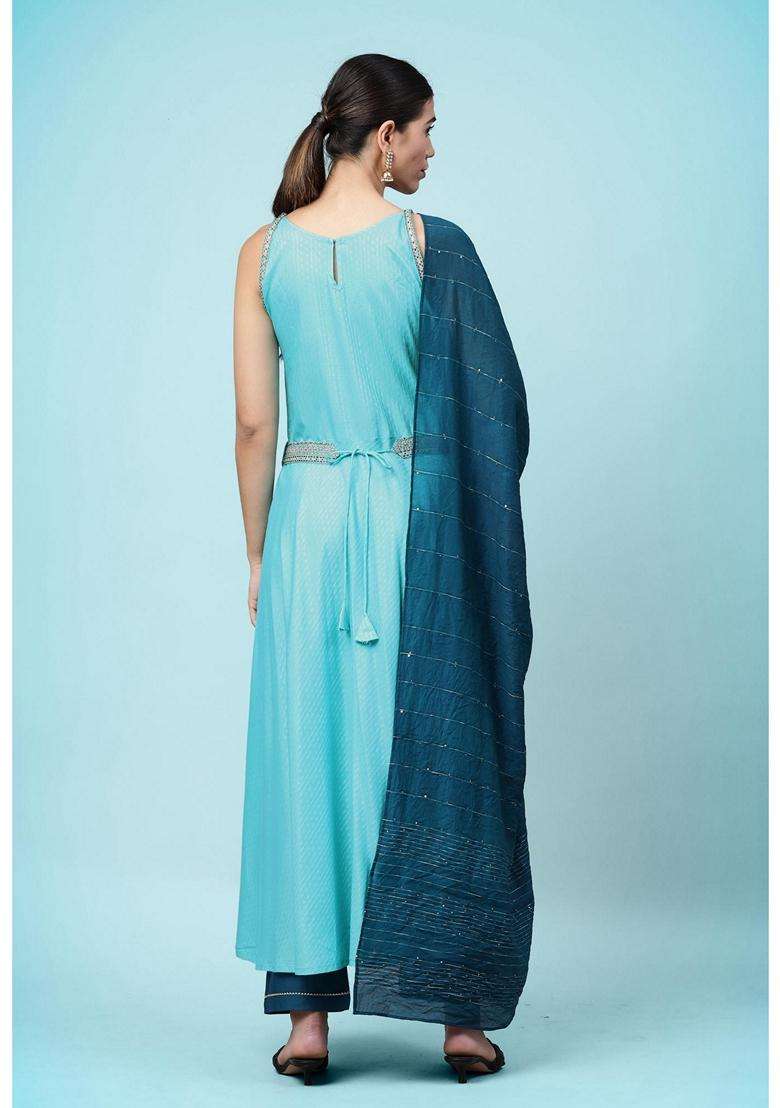 Blue Embroidery Viscose Kurta Set - Indya