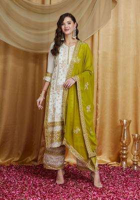 White Embroidery Georgette Palazzo Set