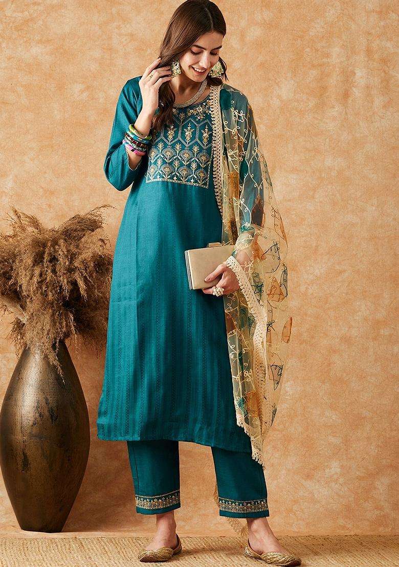 Teal Embroidery Silk Blend Kurta Set - Indya