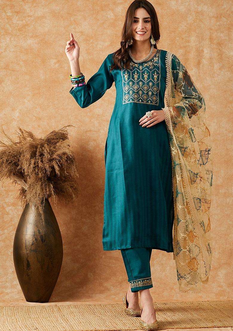 Teal Embroidery Silk Blend Kurta Set - Indya
