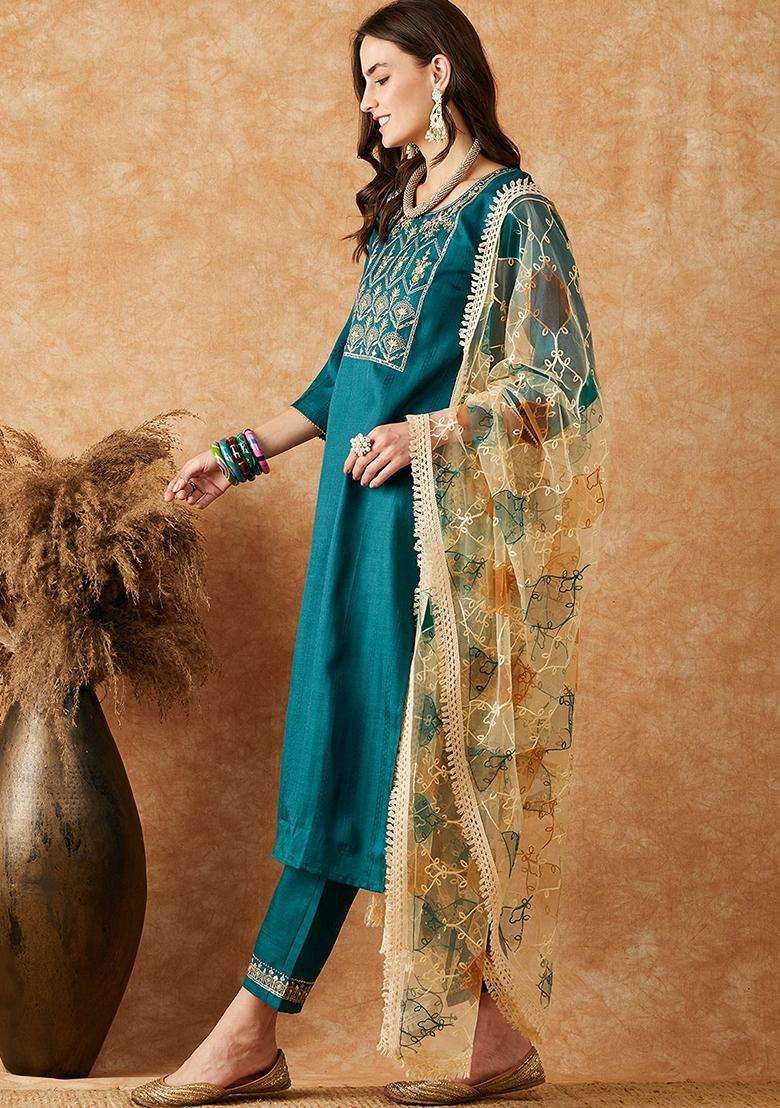 Teal Embroidery Silk Blend Kurta Set - Indya