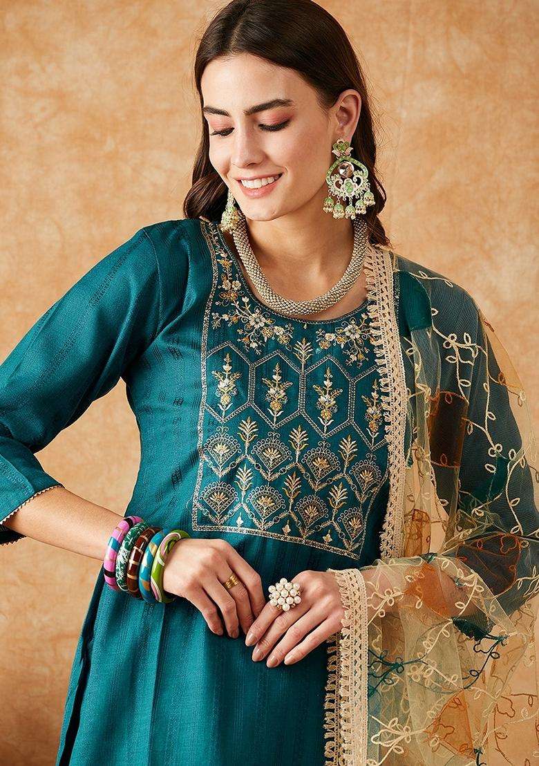 Teal Embroidery Silk Blend Kurta Set - Indya