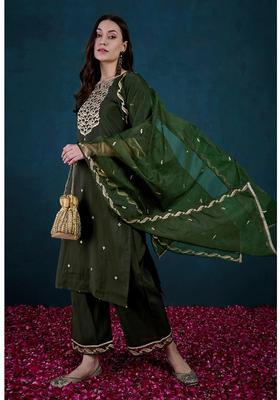 Green Embroidery Silk Palazzo Set