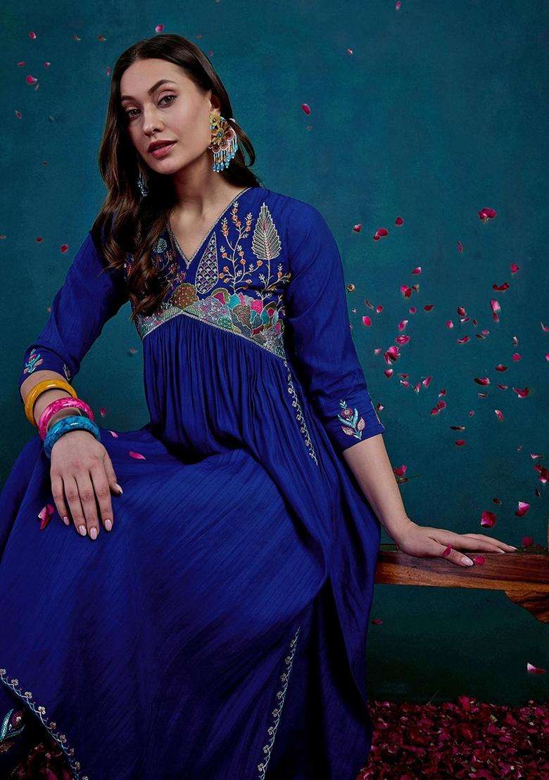 Blue Embroidery Georgette Kurta Set - Indya
