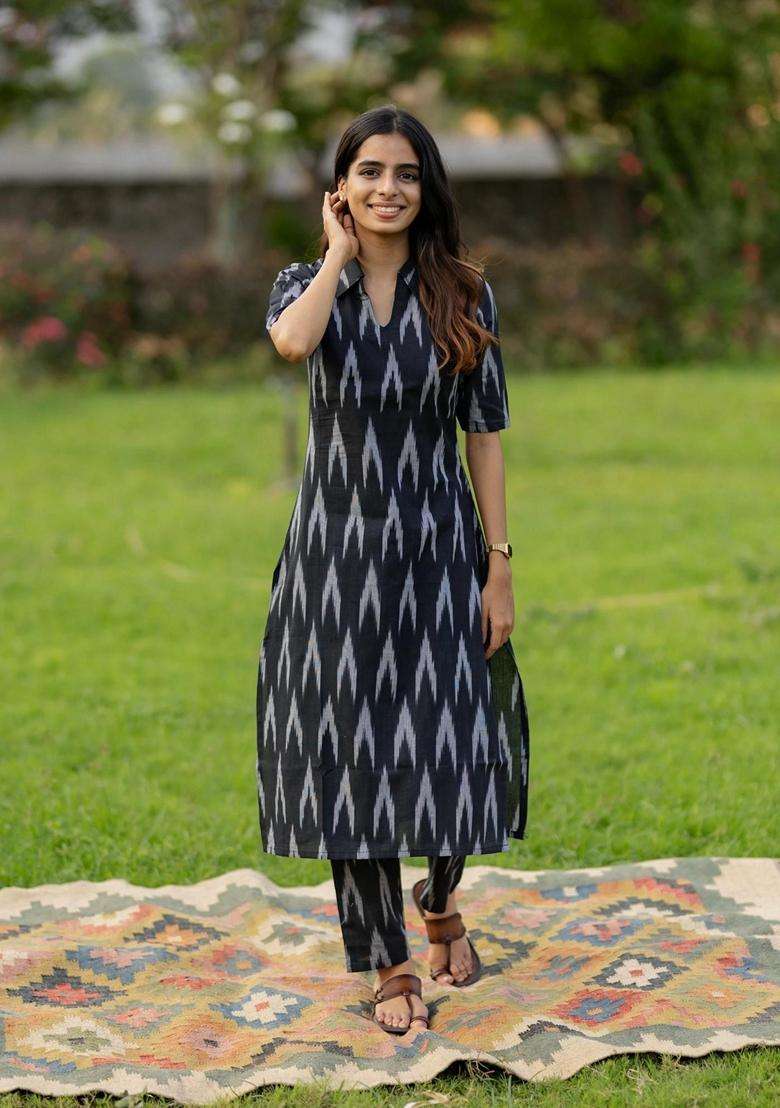 Black Printed Rayon Kurta Set - Indya