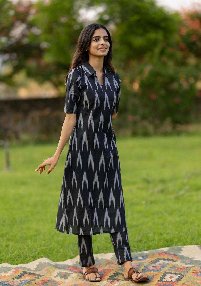Black Printed Rayon Kurta Set - Indya