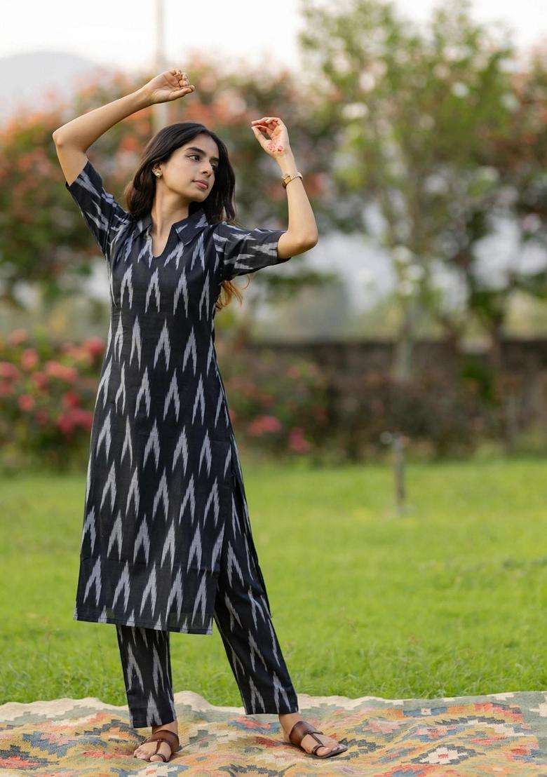 Black Printed Rayon Kurta Set - Indya