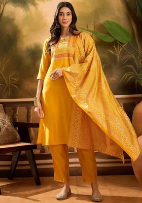 Mustard Embroidery Muslin Kurta Set