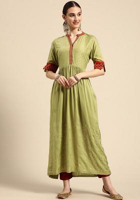 Green Printed Chanderi Kurta Set