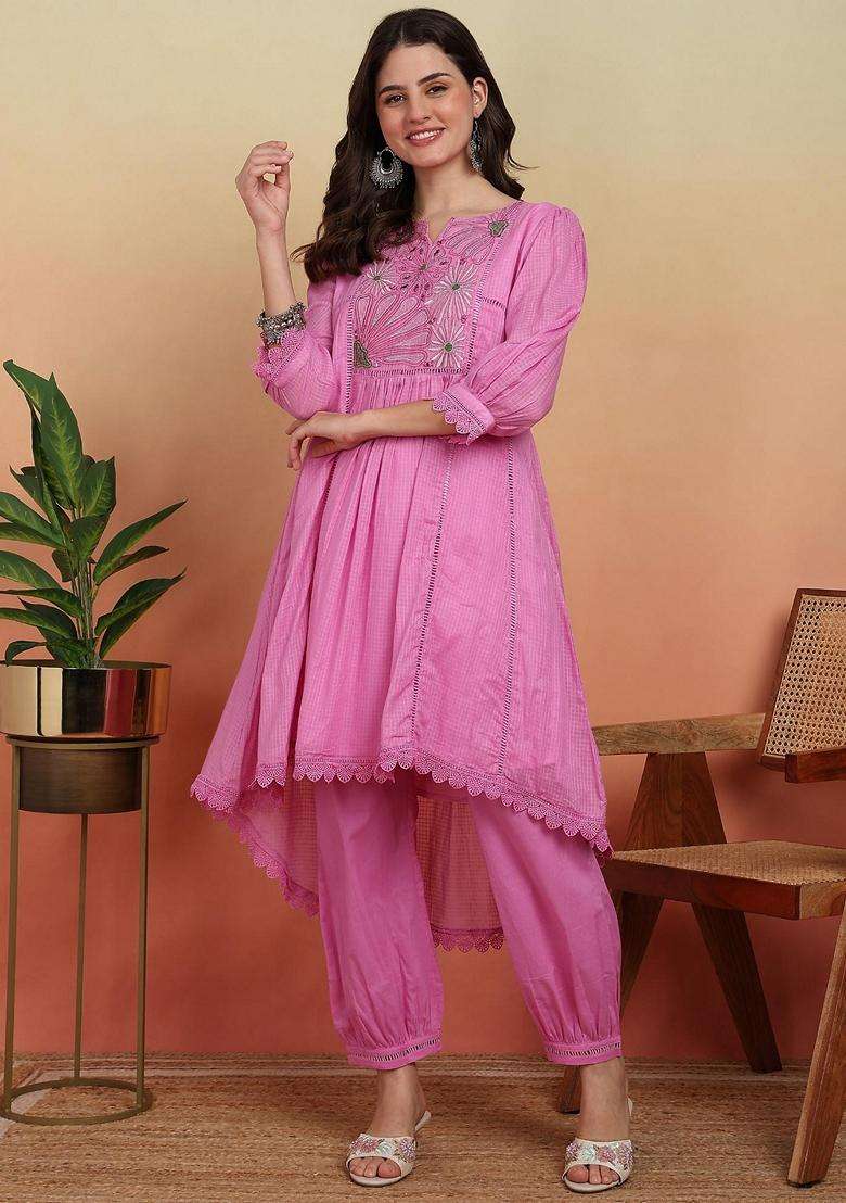 Pink Embroidery Cotton Salwar Suit Set - Indya