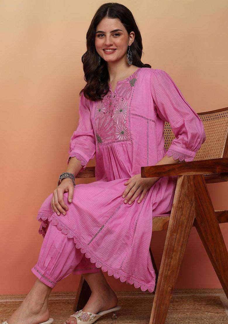 Pink Embroidery Cotton Salwar Suit Set - Indya