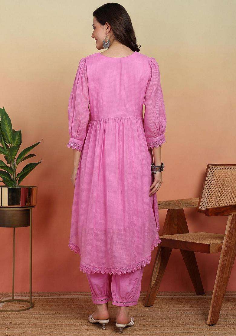 Pink Embroidery Cotton Salwar Suit Set - Indya