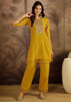 Yellow Embroidery Cotton Kurta Set