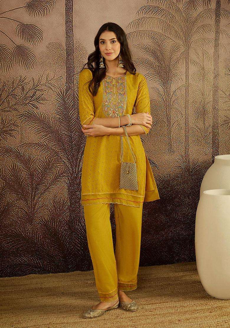 Yellow Embroidery Cotton Kurta Set - Indya