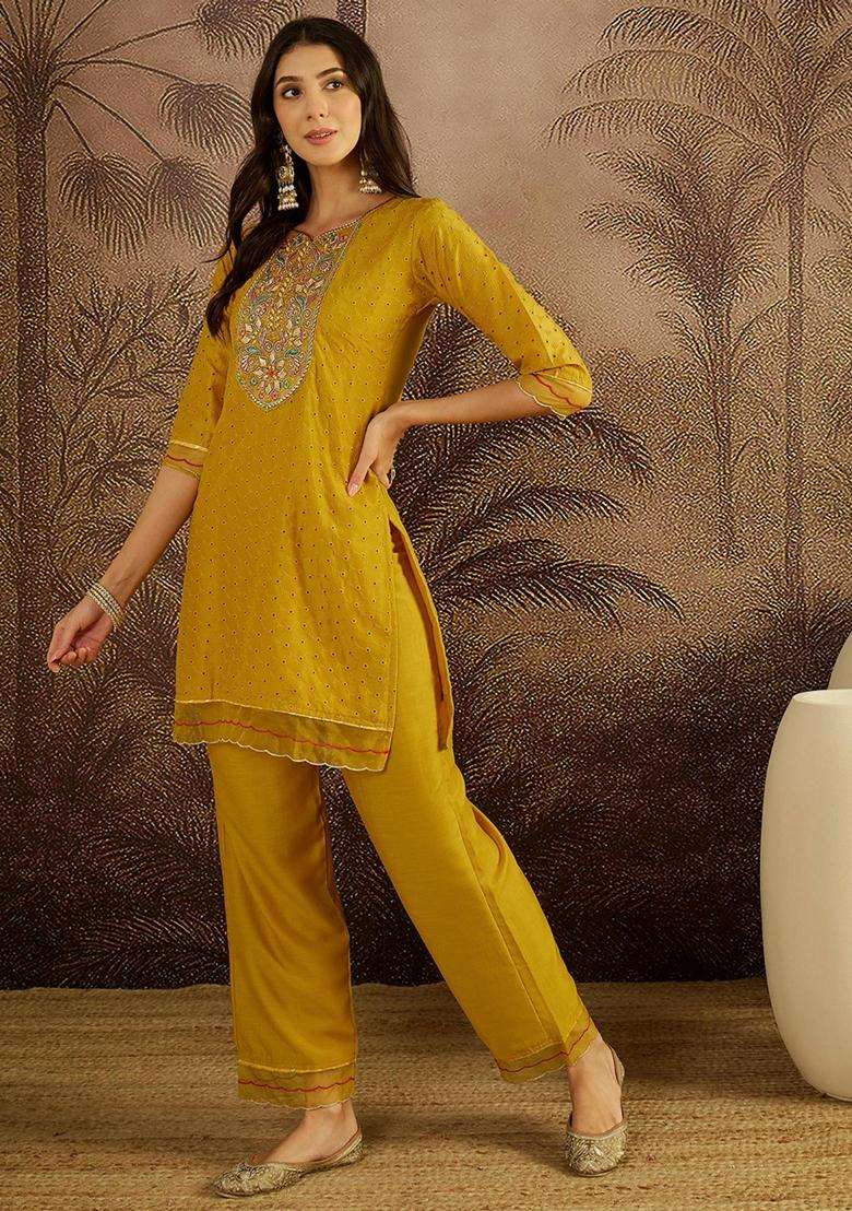 Yellow Embroidery Cotton Kurta Set - Indya