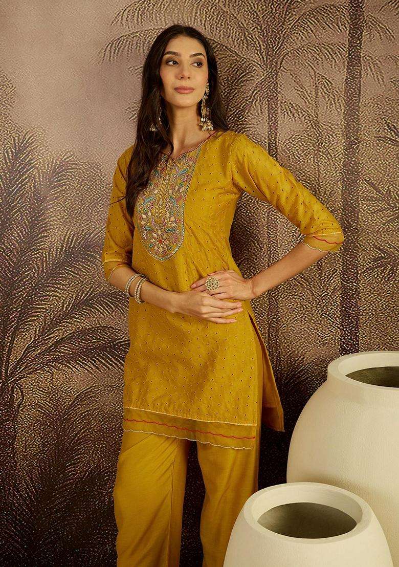 Yellow Embroidery Cotton Kurta Set - Indya