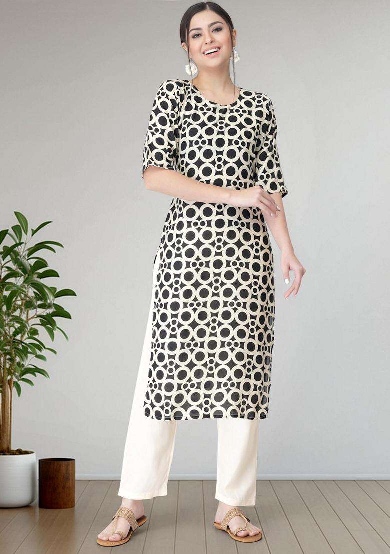 Black Printed Crepe Kurta Set - Indya