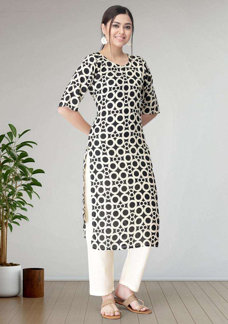 Black Printed Crepe Kurta Set - Indya