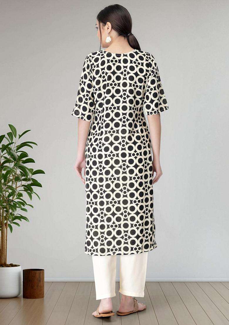 Black Printed Crepe Kurta Set - Indya