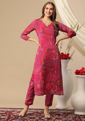 Pink Printed Rayon Kurta Set