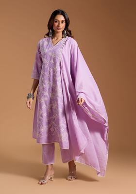 Lavender Embroidery Cotton Kurta Set