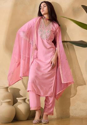 Pink Embroidery Silk Kurta Set