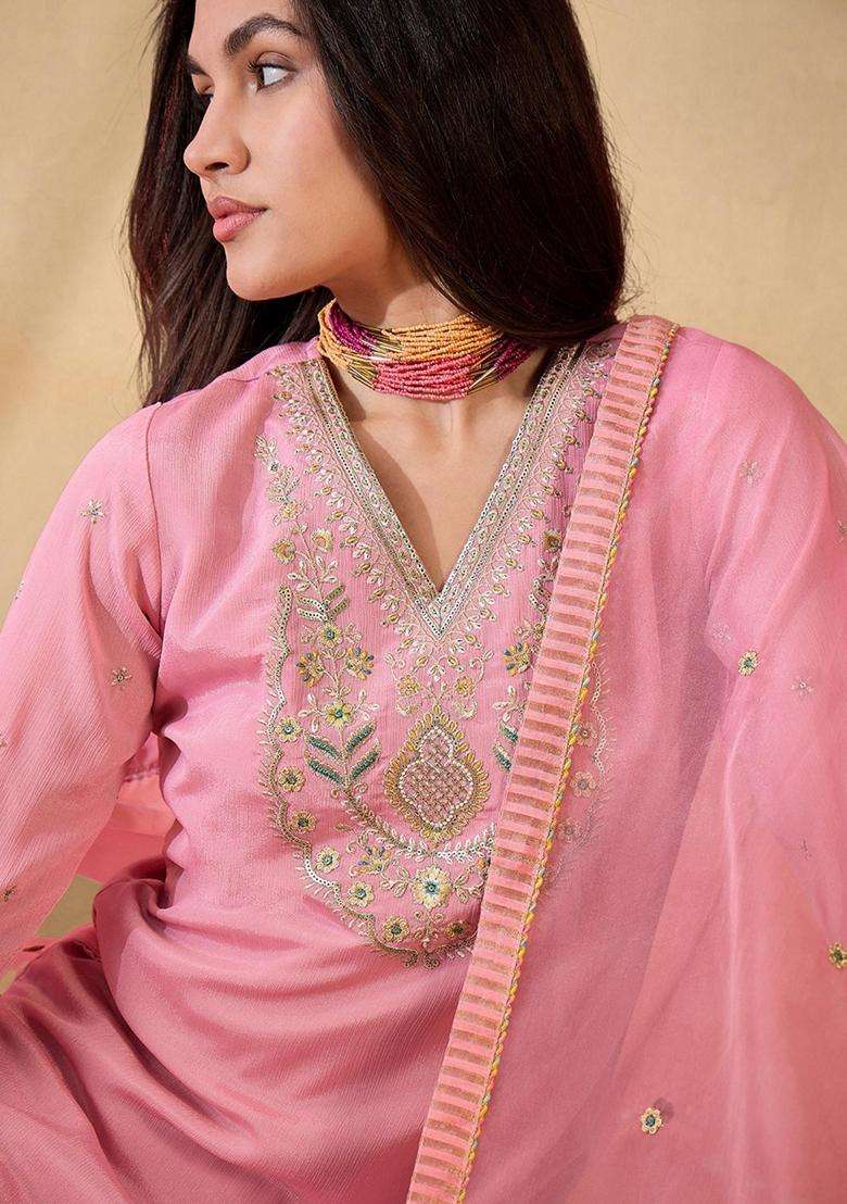 Pink Embroidery Silk Blend Kurta Set - Indya