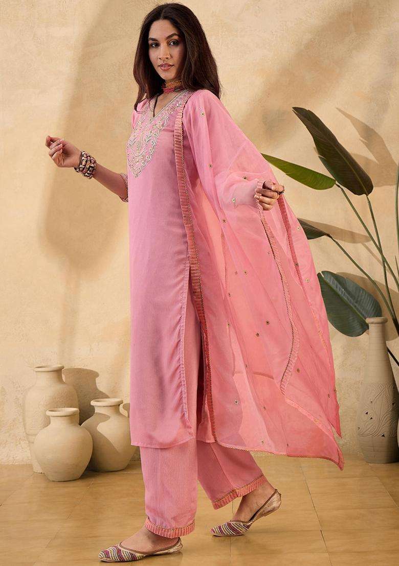 Pink Embroidery Silk Blend Kurta Set - Indya