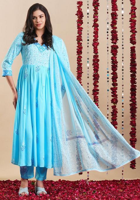 Blue Floral Rayon Anarkali Set — view on Indya