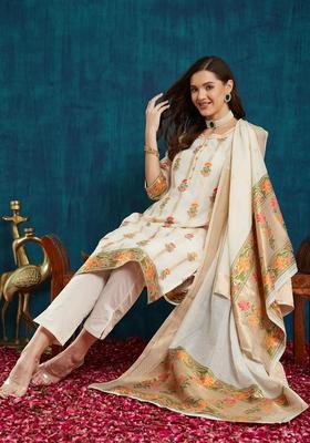 Off White Woven Silk Kurta Set