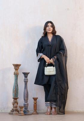 Black Solid Silk Blend Kurta Set