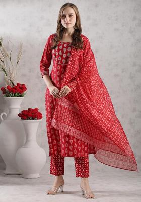 Red Mirror Work Rayon Kurta Set