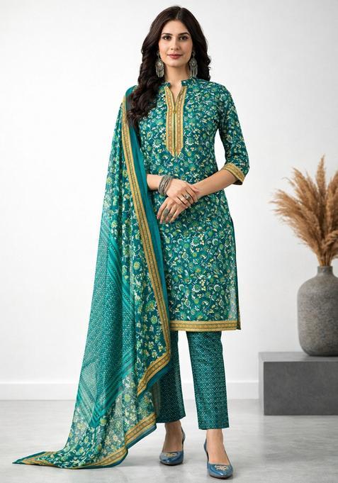 Blue Floral Polyester Kurta Set — view on Indya