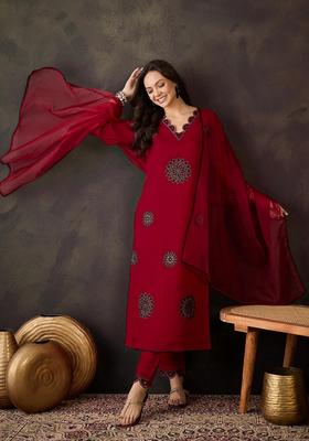 Red Embroidery Silk Kurta Set