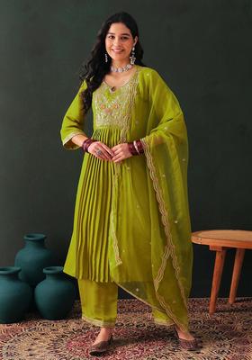 Green Embroidery Silk Kurta Set