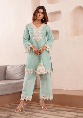 Blue Embroidery Cotton Co-Ord Set