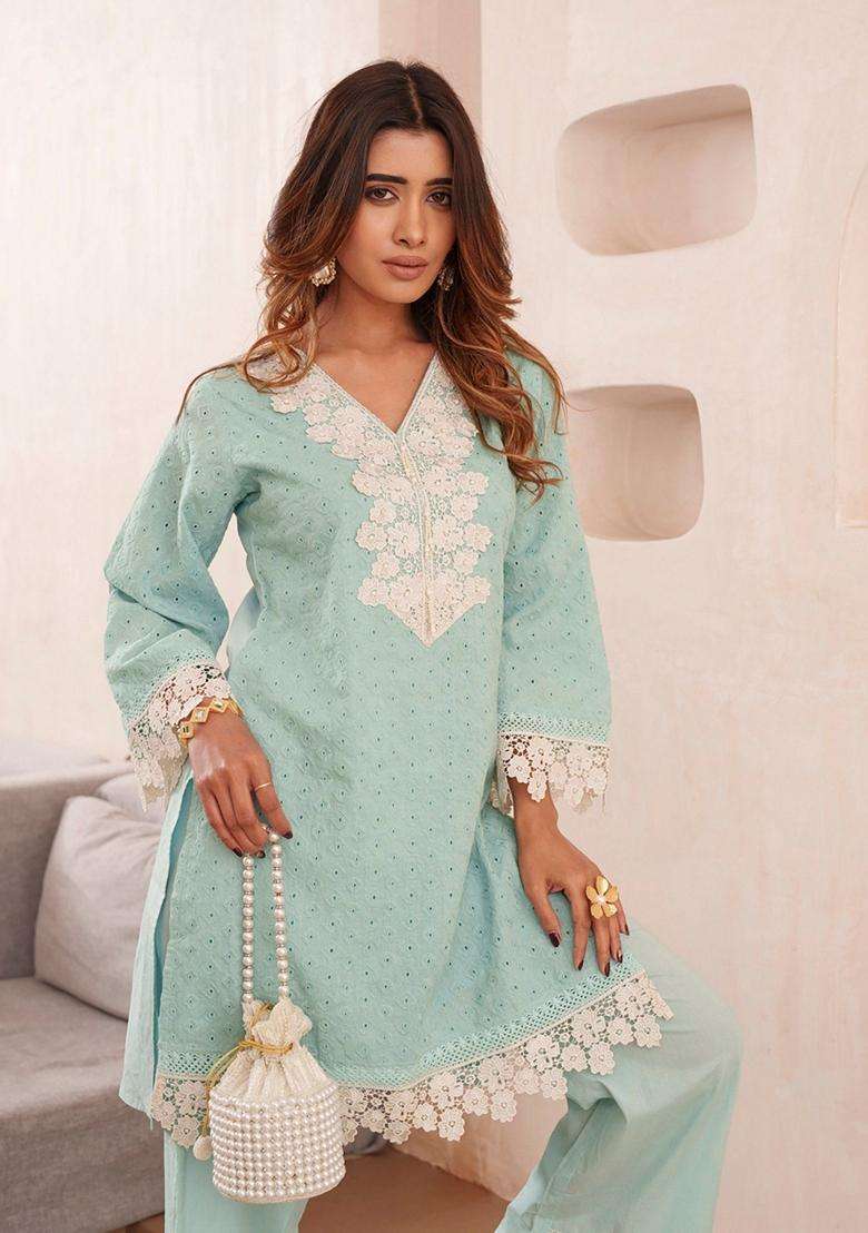 Blue Embroidery Cotton Co-Ord Set - Indya