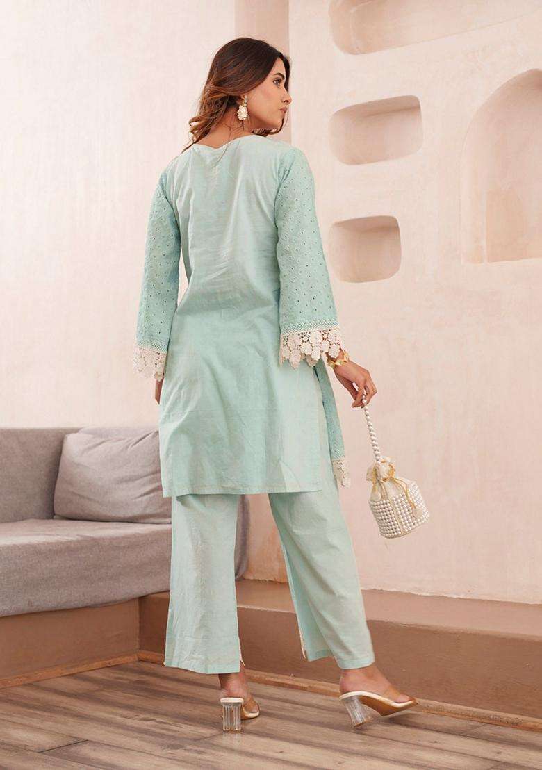 Blue Embroidery Cotton Co-Ord Set - Indya