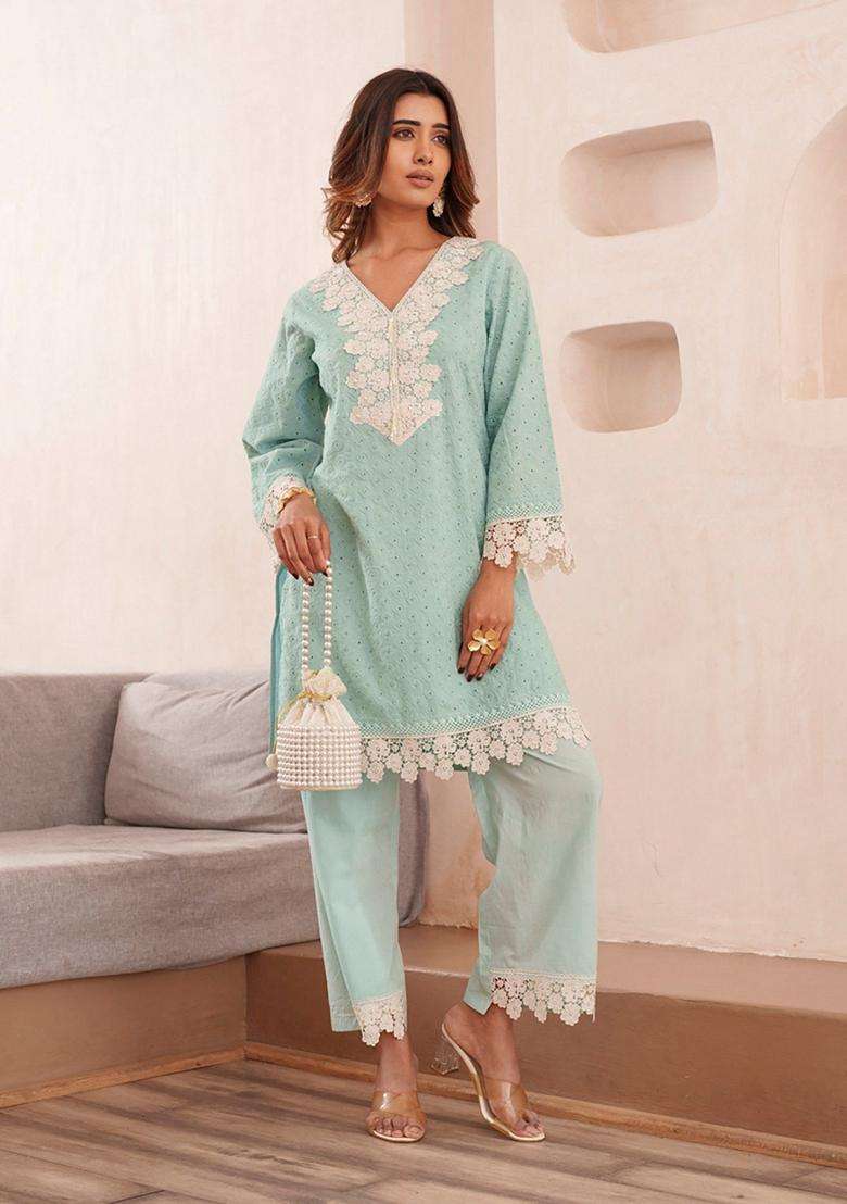 Blue Embroidery Cotton Co-Ord Set - Indya