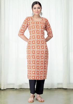 Orange Printed Crepe Kurta Set