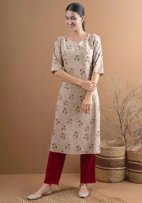 Beige Floral Crepe Kurta Set