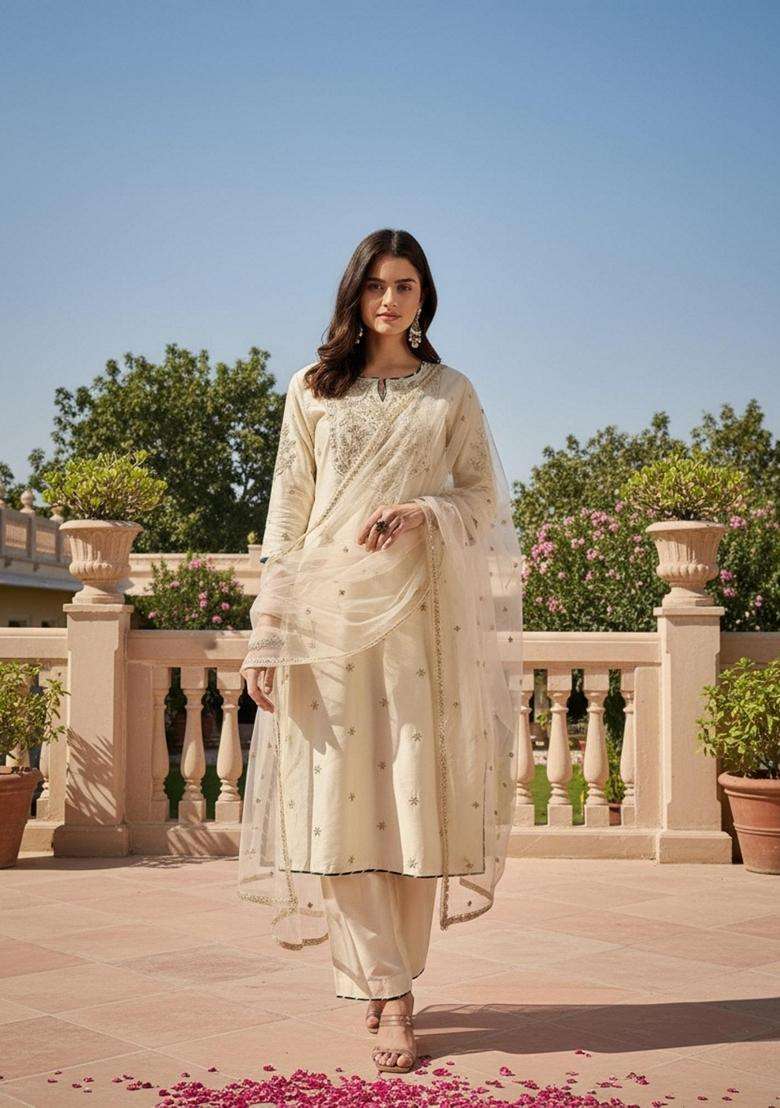 Off White Embroidery Silk Blend Kurta Set - Indya