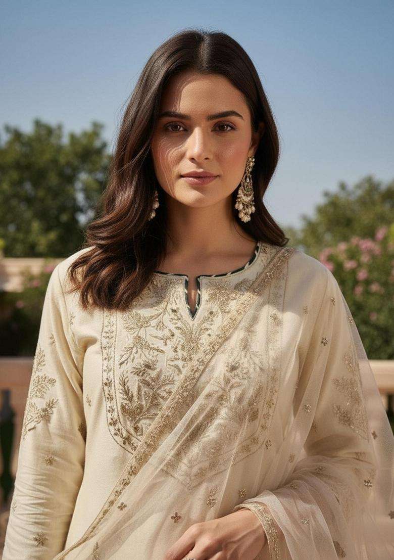 Off White Embroidery Silk Blend Kurta Set - Indya