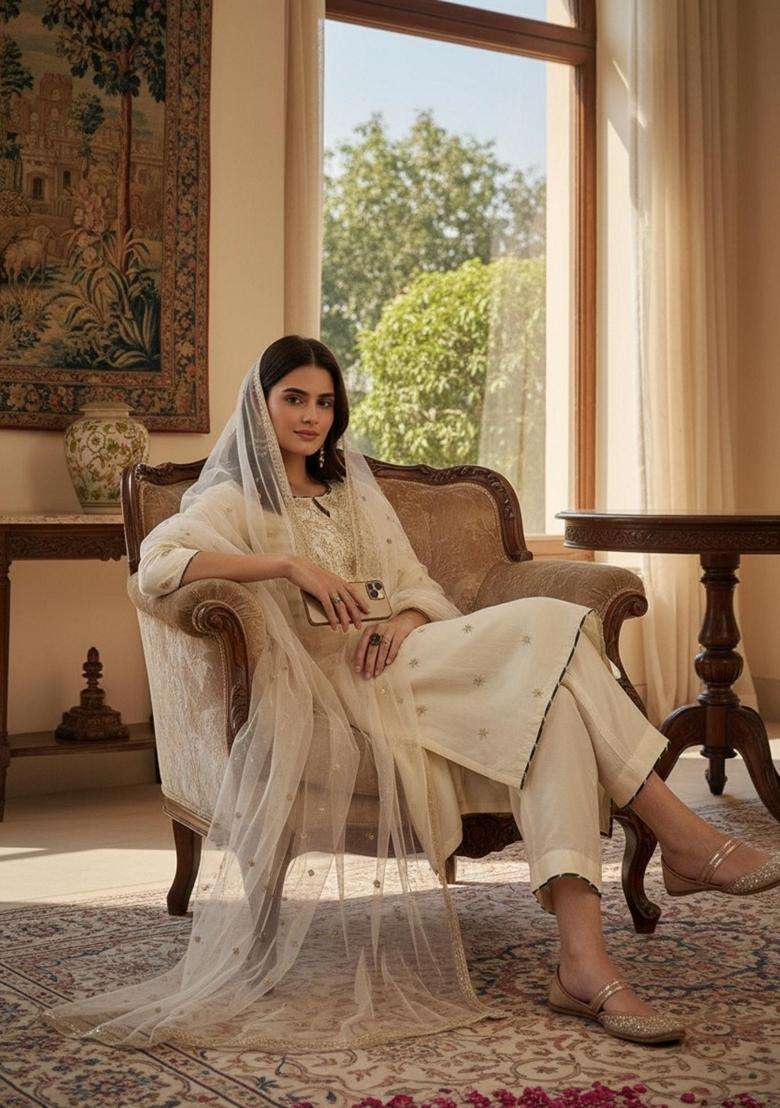 Off White Embroidery Silk Blend Kurta Set - Indya